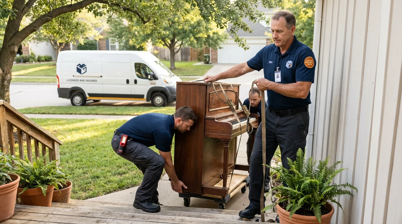 Licensed piano movers securing grand piano in Maplewood, NJ
