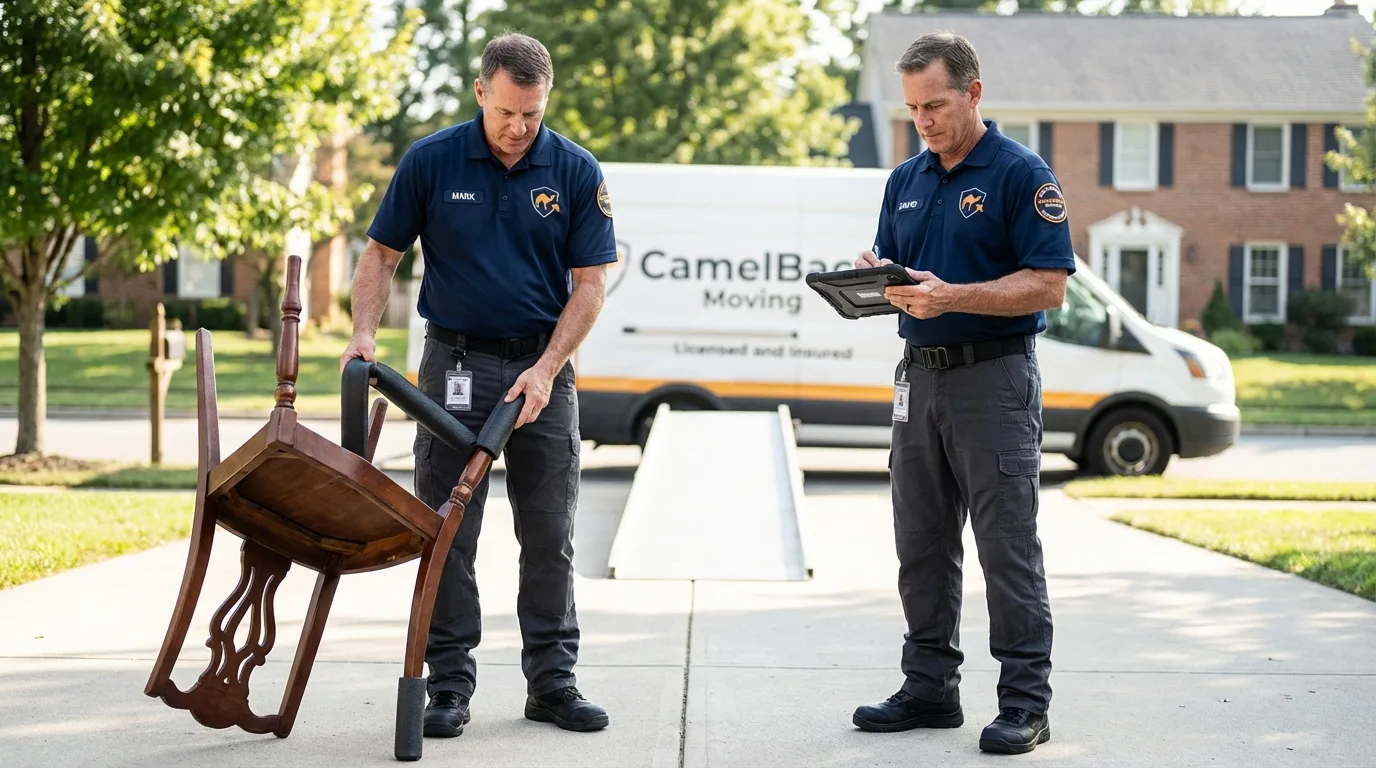 Movers inspecting furniture for damage prevention before loading in Maplewood, NJ