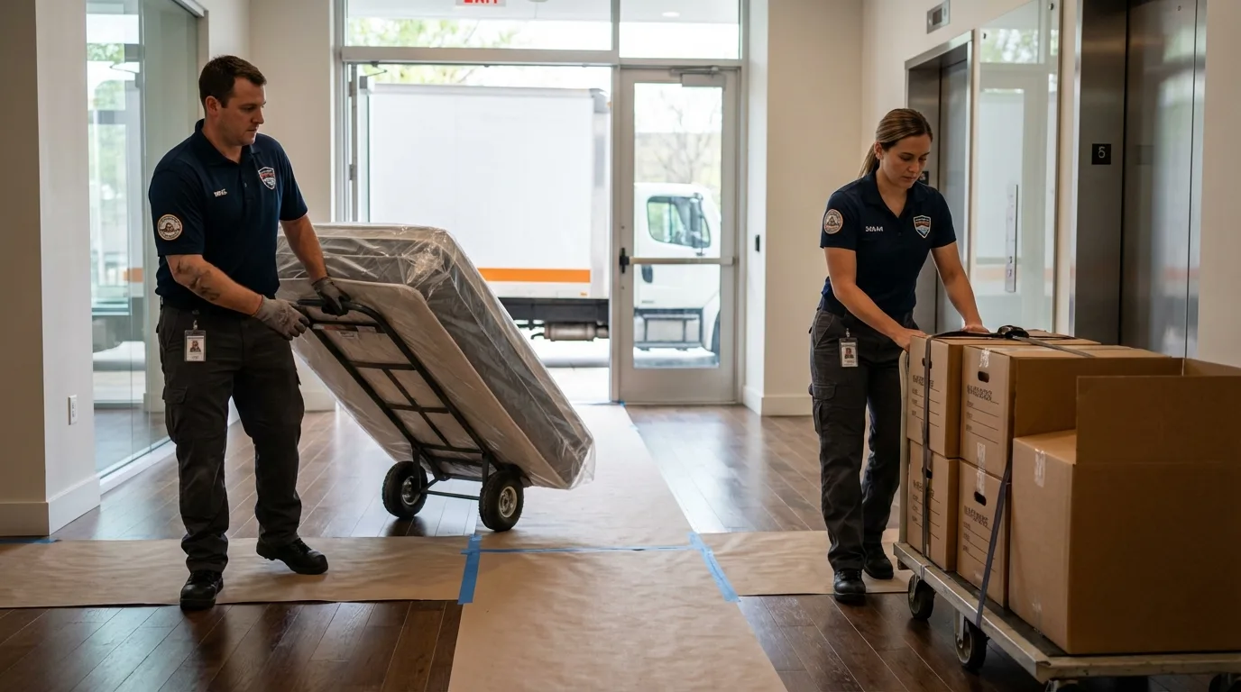 Professional apartment movers loading elevator in Maplewood, NJ