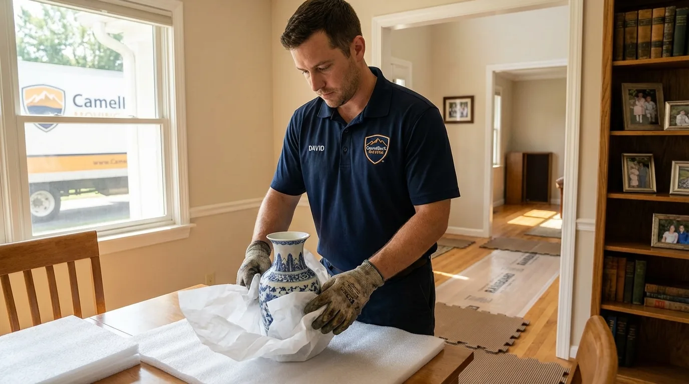 Professional crew carefully wrapping antique vase for senior downsizing move in Maplewood, NJ
